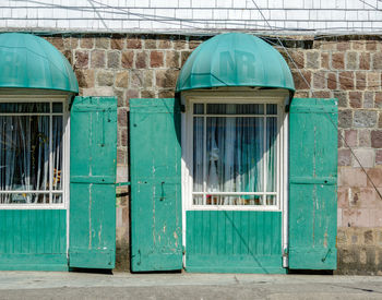 Blue closed door of building