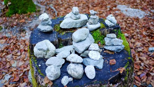 High angle view of stones on rock