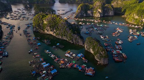 High angle view of boats on sea