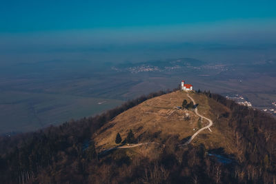 High angle view of land against sky