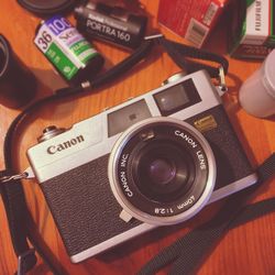 Close-up of camera on table