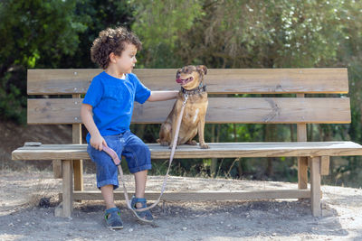 Child caressing his puppy with love on a wooden bench in a natural park, on a sunny summer day,