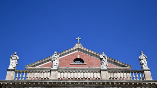 Low angle view of church building against clear blue sky