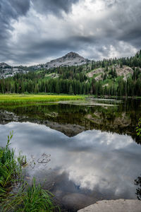 Scenic view of lake and mountains against sky