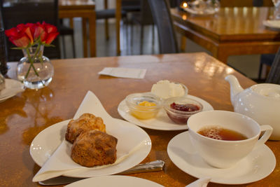 High angle view of breakfast served on table in restaurant