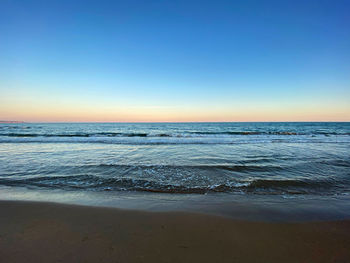 Scenic view of sea against clear blue sky