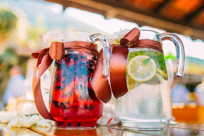 Close-up of fruits in glass on table