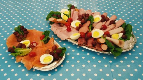 High angle view of fresh food served on table