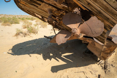 High angle view of old abandoned truck on field