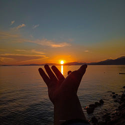Person hand against sea during sunset