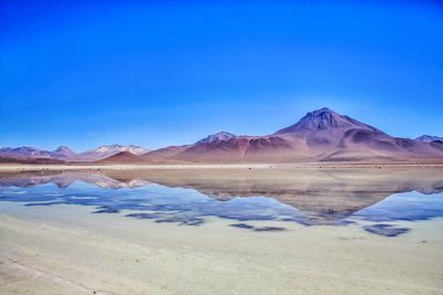 Scenic view of lake by mountains against blue sky