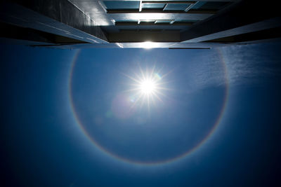 Low angle view of sunlight streaming through ceiling