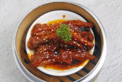 High angle view of food in bowl on table