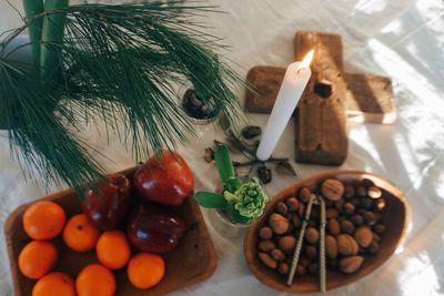 High angle view of christmas decorations on table