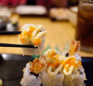 Close-up of sushi served in plate