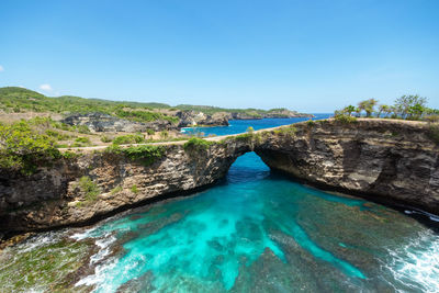 Scenic view of sea against clear blue sky