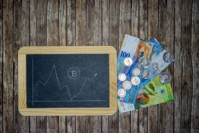 Directly above shot of blackboard with currencies on wooden table