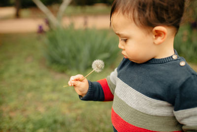 Cute boy holding dandelion seed outdoors