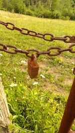 Close-up of padlock on chain