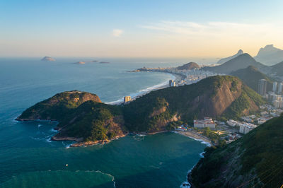 Amazing view of the coast of rio de janeiro in brazil seen from the sugar loaf mountain at sunset