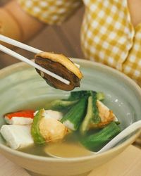 Close-up of soup in bowl on table