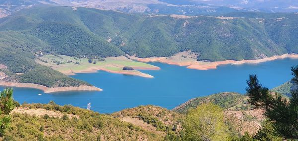 High angle view of lake and mountains