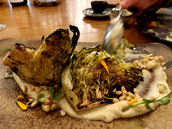 Close-up of food served on table