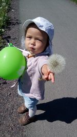 High angle portrait of cute baby girl holding balloon and dandelion while standing on road