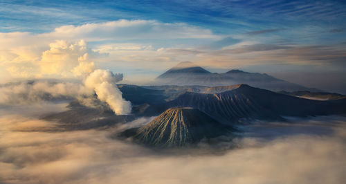 Panoramic view of volcanic landscape against sky