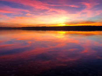 Scenic view of lake against romantic sky at sunset