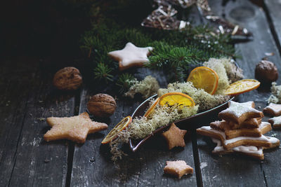 High angle view of cookies on table