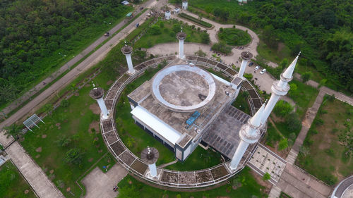 High angle view of soccer field in city