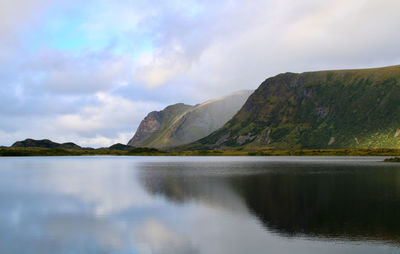 Scenic view of lake and mountains against sky