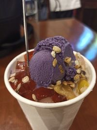 Close-up of ice cream in bowl on table