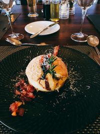 High angle view of food served in plate on table