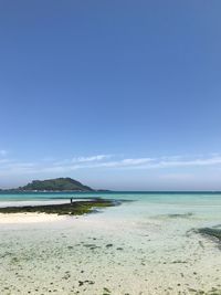 Scenic view of beach against blue sky