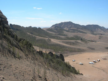 Scenic view of sand dunes against sky