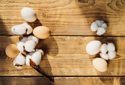 Eggs and a branch with white cotton flowers with sunny shadows on a wooden background.