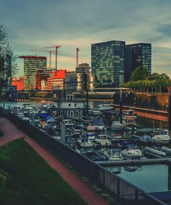 View of buildings in city at dusk