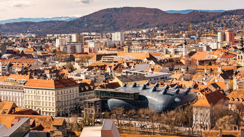 High angle view of buildings in city