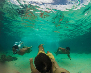 High angle view of men swimming in sea