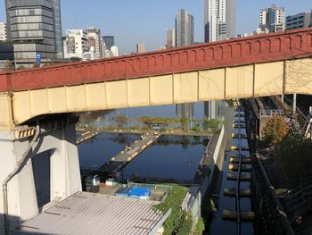 High angle view of bridge over river by buildings