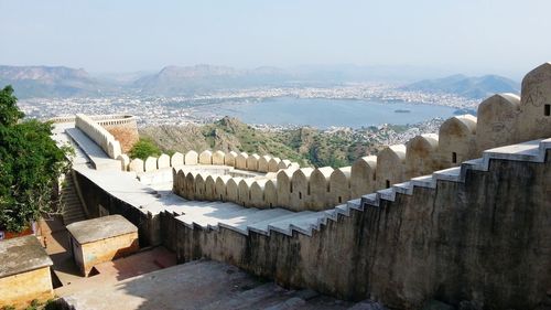 High angle view of empty steps against sky