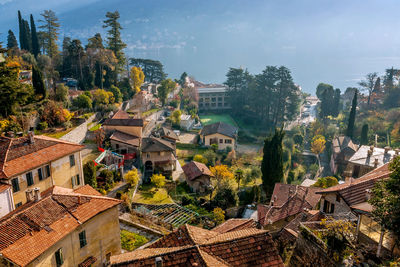 High angle view of buildings in city