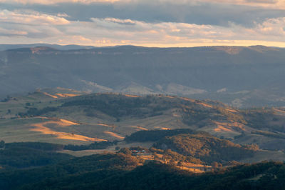 High angle view of landscape against sky during sunset