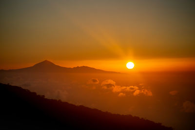 Scenic view of silhouette mountains against orange sky