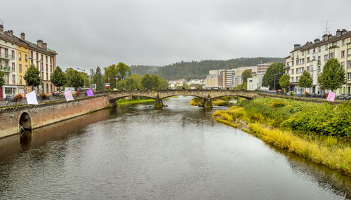 Arch bridge over river amidst buildings in city against sky