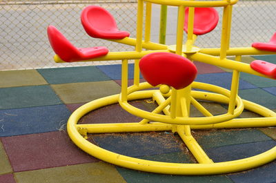 High angle view of multi colored chairs in playground