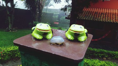 Close-up of stuffed toy on table in park