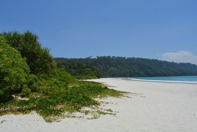 Scenic view of sea against clear blue sky